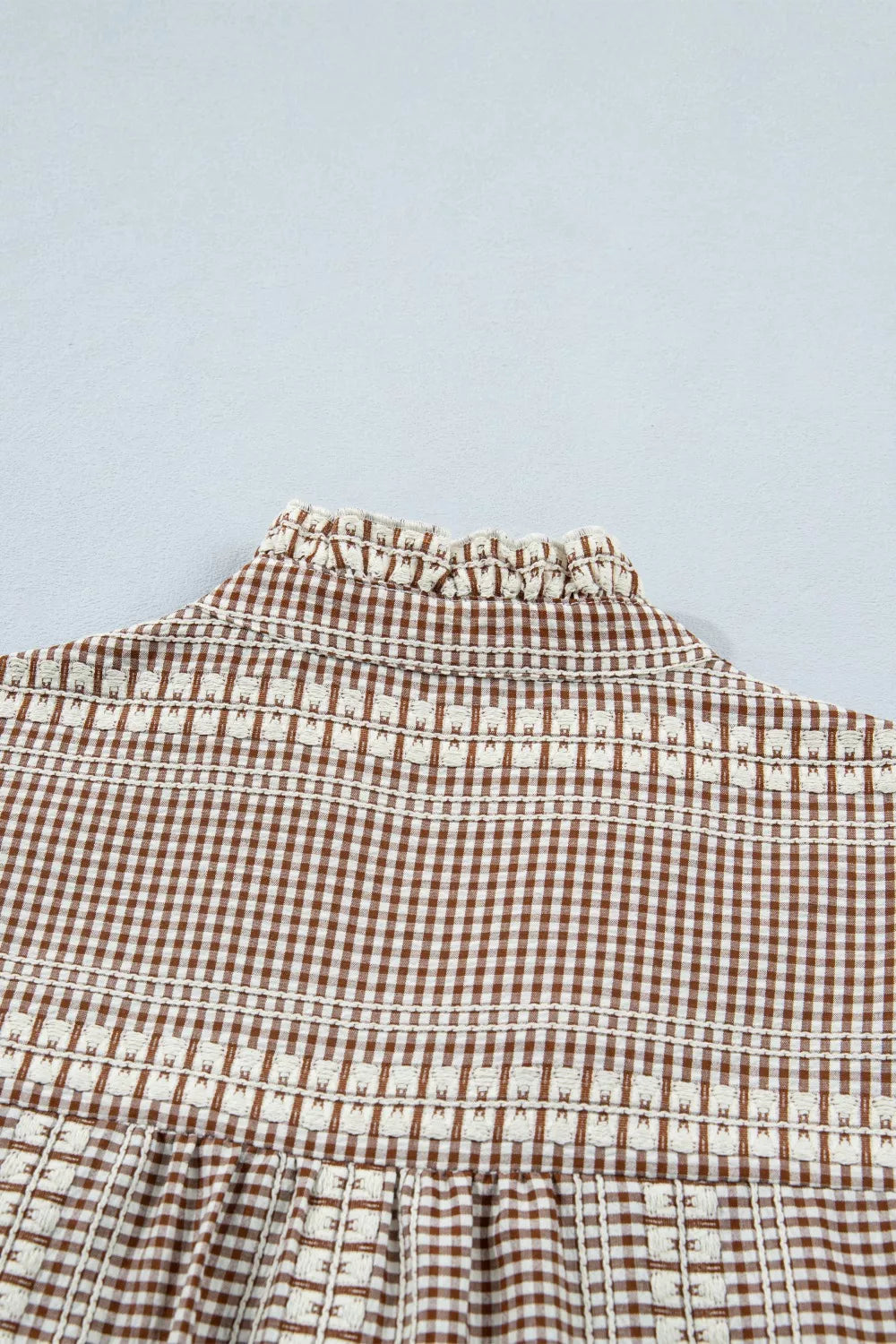 Embroidered horse yoke gingham puff sleeve blouse