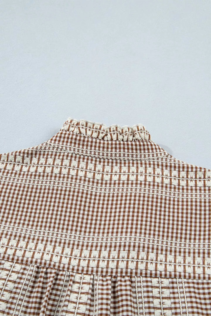 Embroidered horse yoke gingham puff sleeve blouse