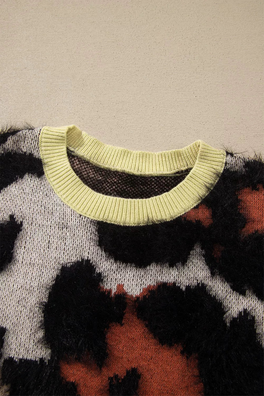 Fuzzy leopard print drop shoulder crew neck sweater