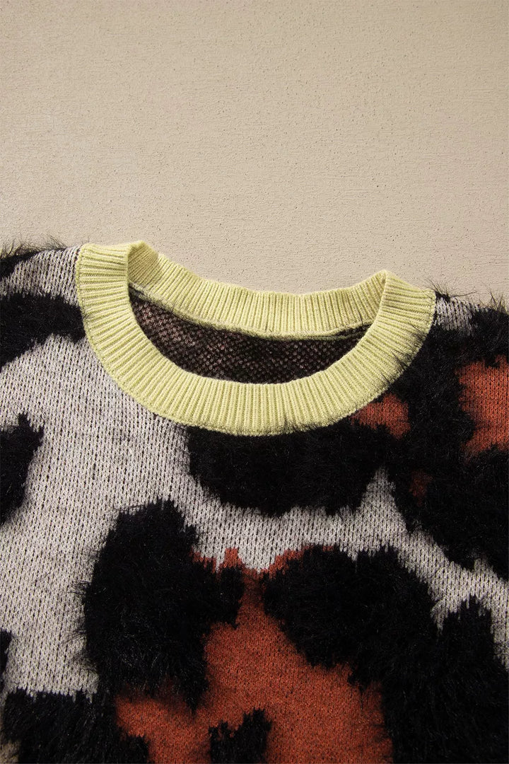 Fuzzy leopard print drop shoulder crew neck sweater