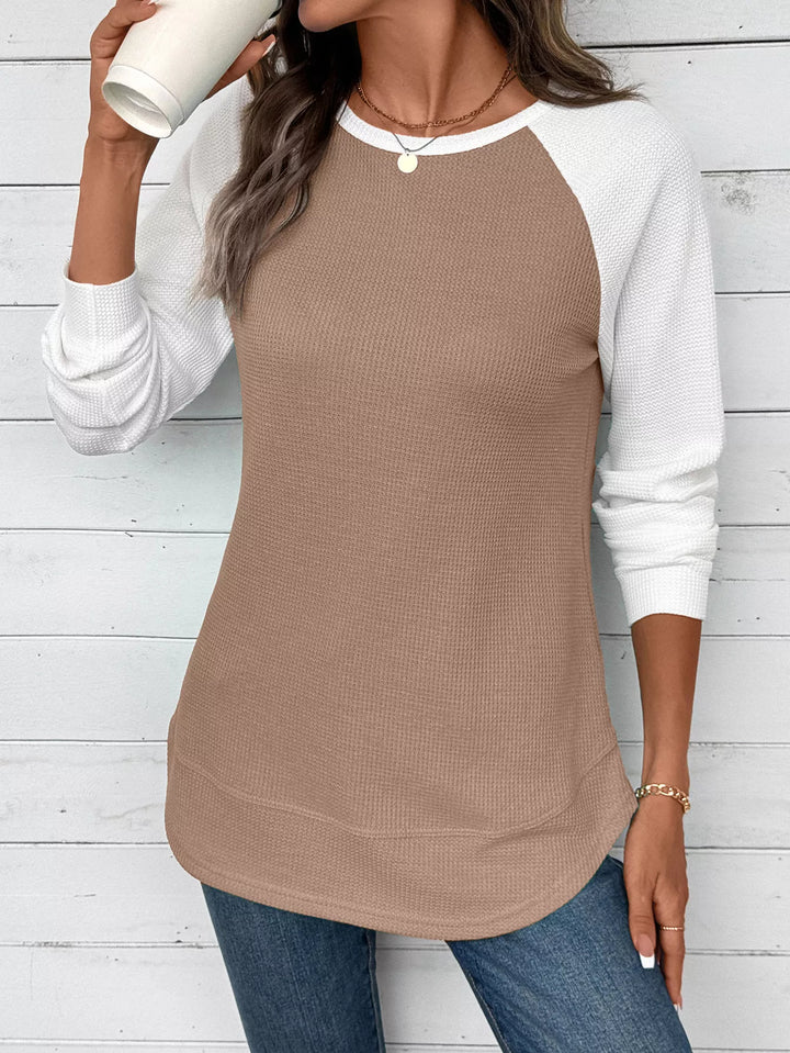 Contrast raglan waffle knit long sleeve top