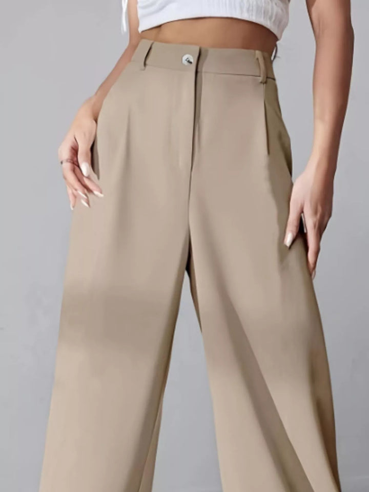 High-rise wide-leg pleated pants with button waist