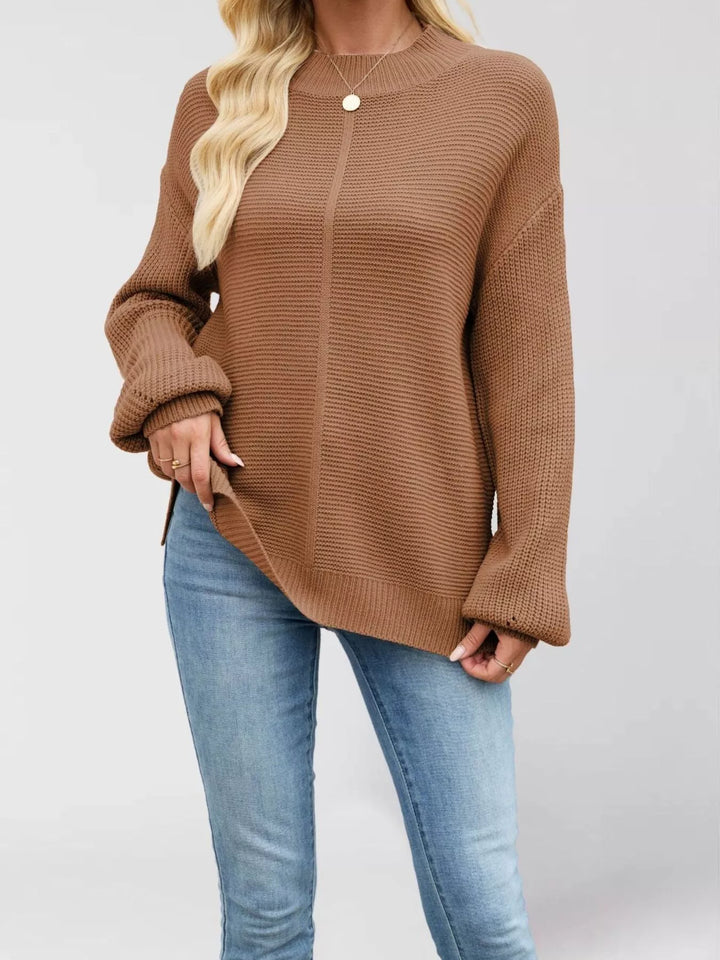 Brown Ribbed knit mock neck drop shoulder sweater