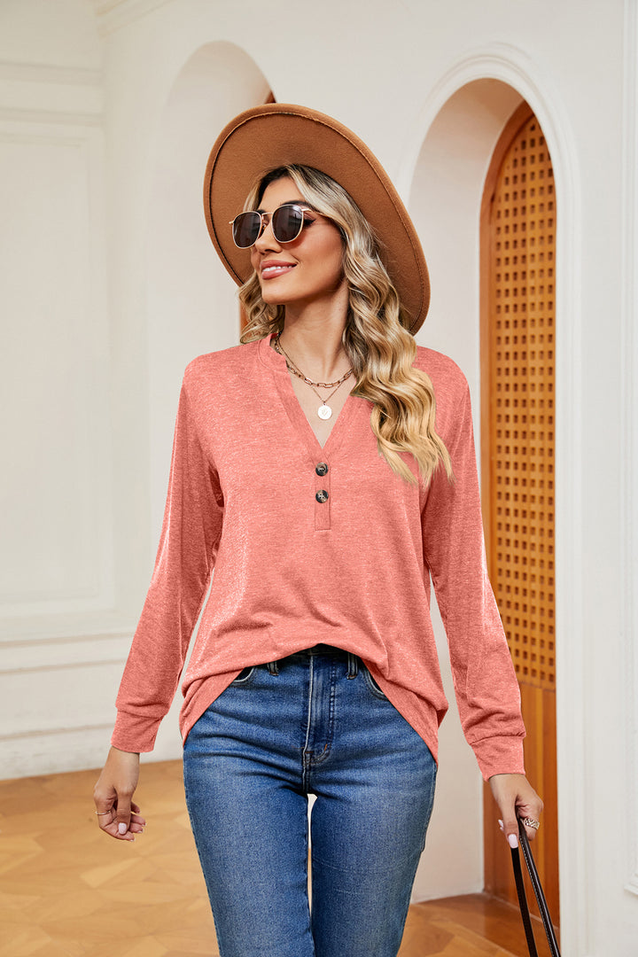 Notch neck long sleeve top with button placket