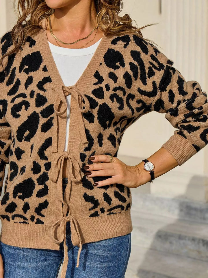 Long sleeve leopard print tie-front knit cardigan