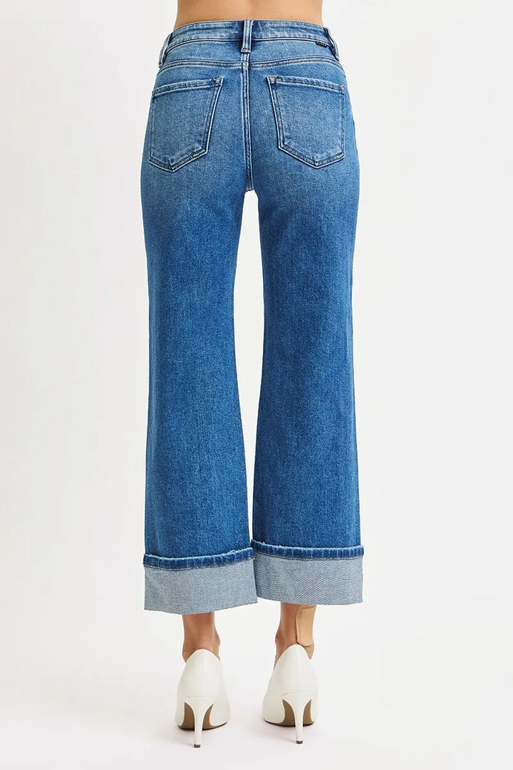 Mid rise straight crop jeans with wide cuffed hem