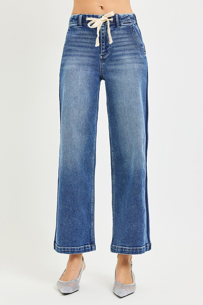 High-rise drawstring wide-leg cropped jeans