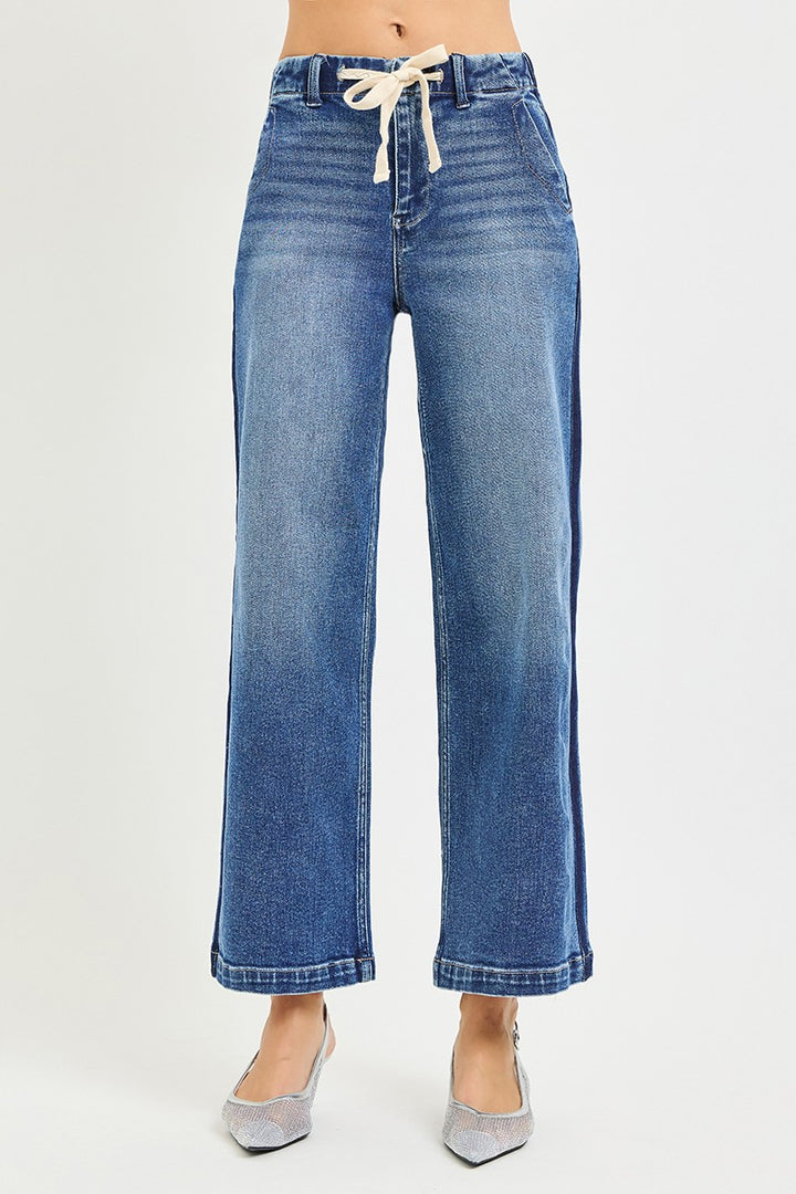 High-rise drawstring wide-leg cropped jeans