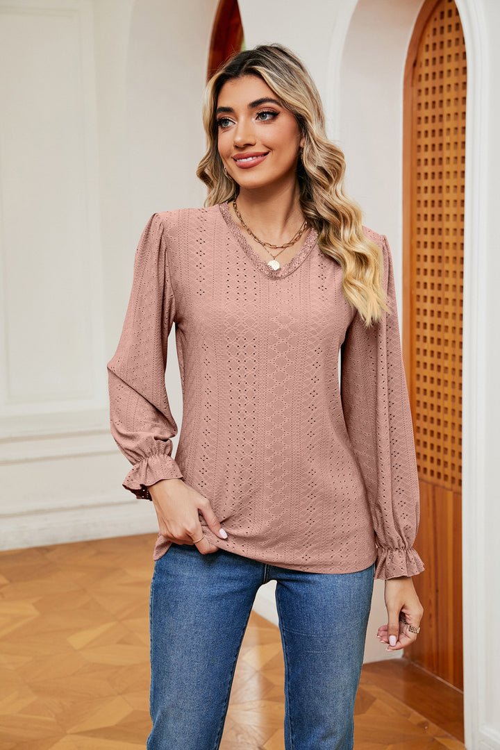 Dusty Pink Eyelet V-neck blouse with flounce sleeves and lace trim