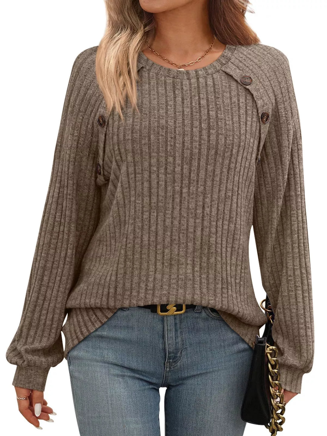 Brown Ribbed knit long sleeve top with decorative shoulder buttons