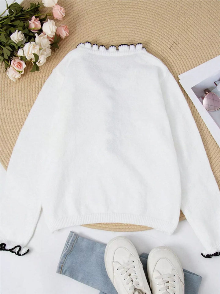 Contrast ruffle-trim V-neck button-front sweater