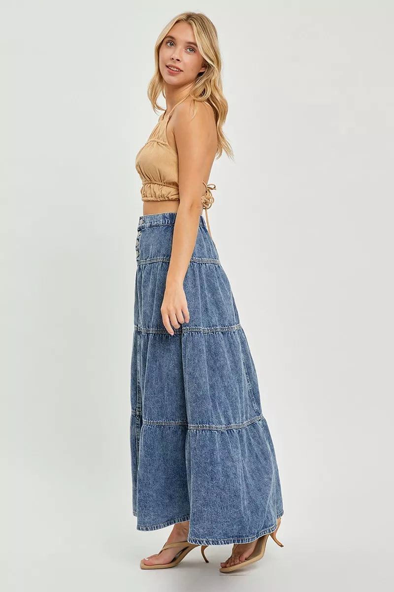 High-rise tiered denim maxi skirt with button front