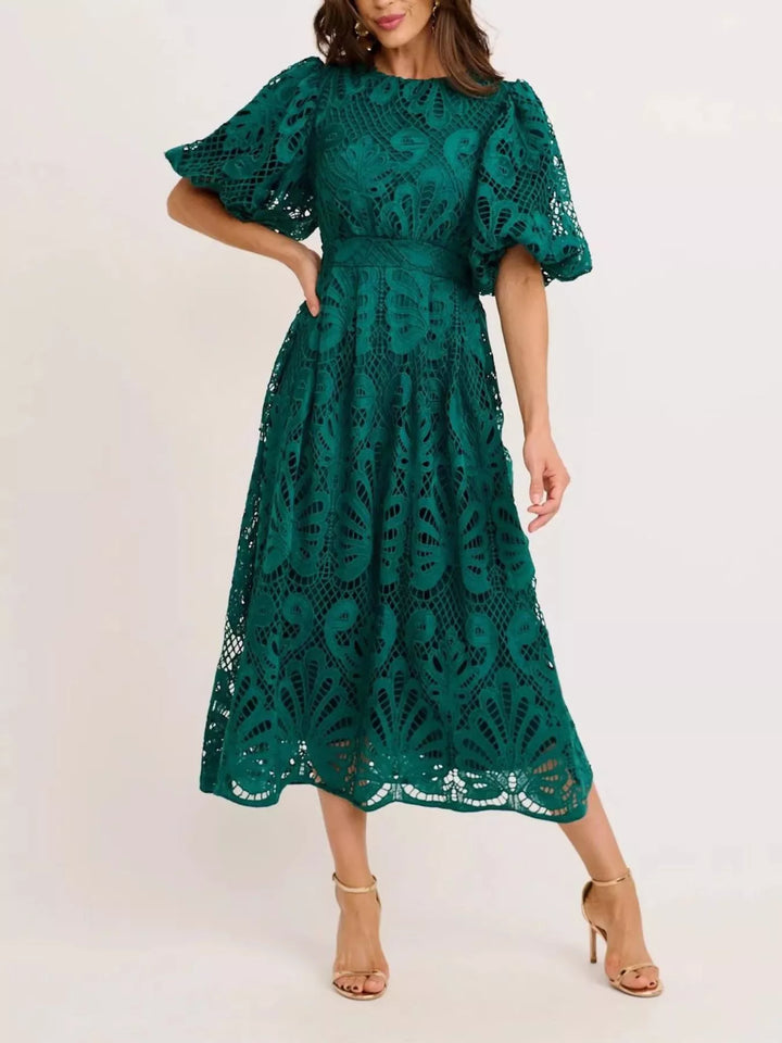 Green Crochet lace puff sleeve midi dress with scalloped hem