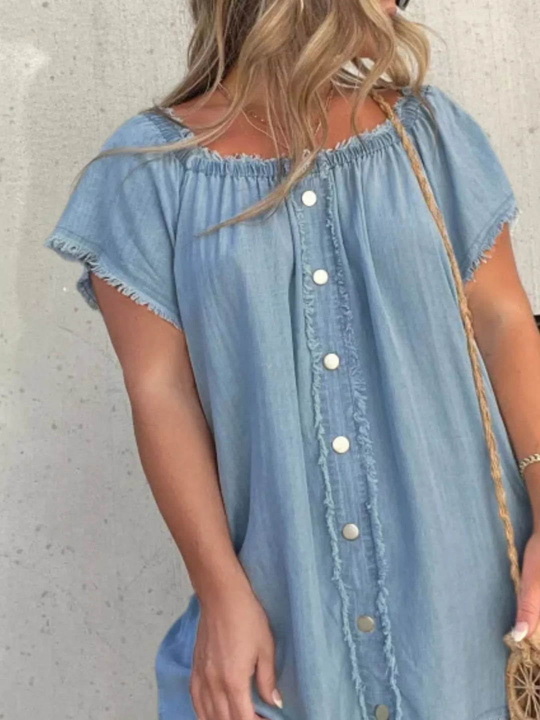 Frayed off-shoulder button-down denim mini dress