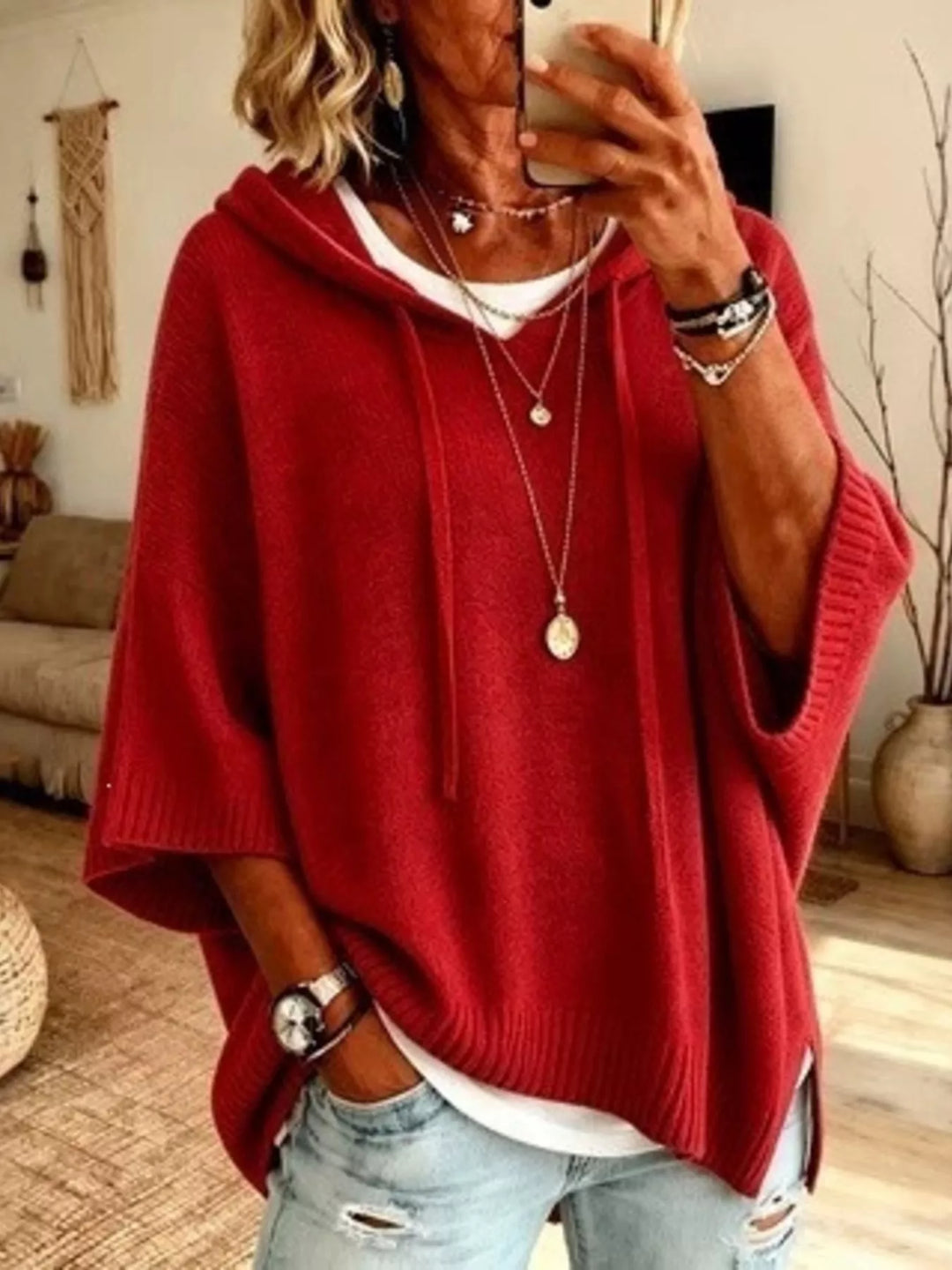 Red Oversized hooded sweater with drawstring and ribbed trim