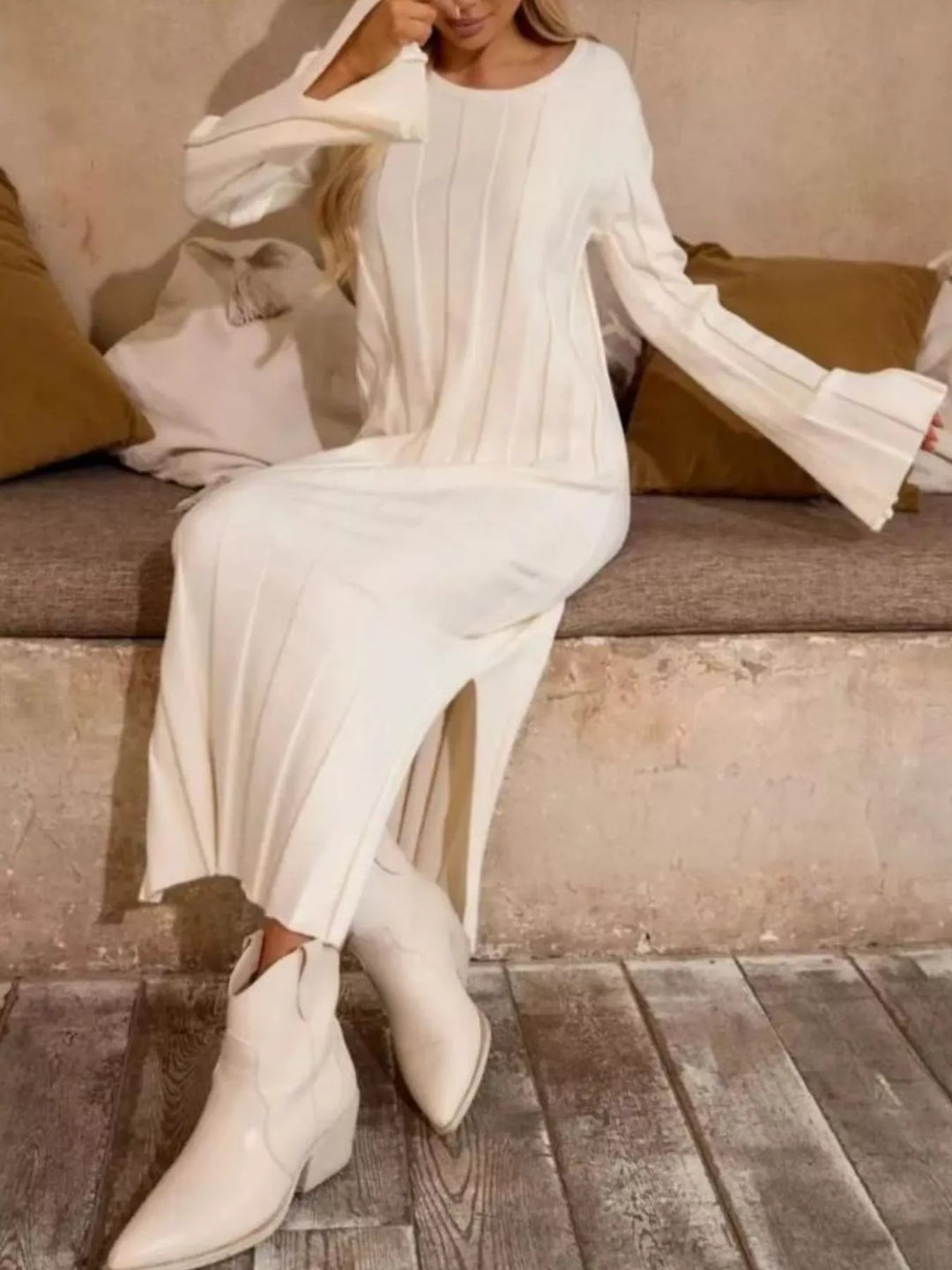 White Ribbed knit maxi sweater dress with side slit and flared sleeves