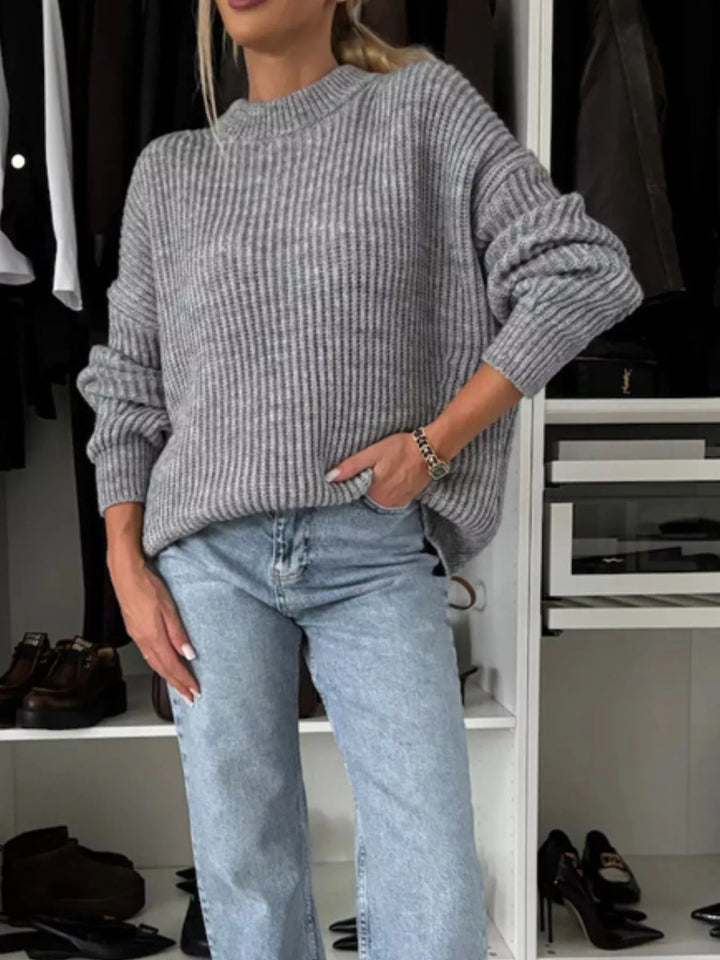 Chunky ribbed knit oversized crew neck sweater