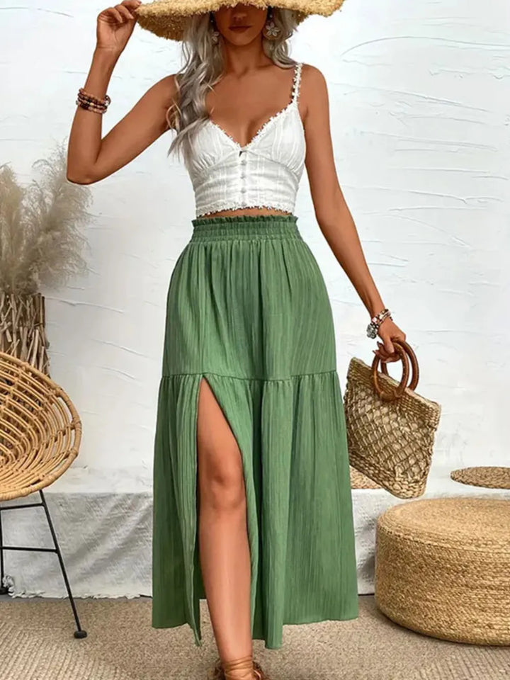 Tiered crinkle midi skirt with smocked waist and front slit