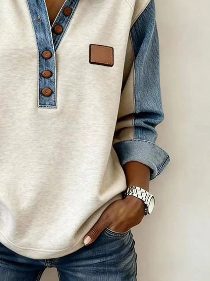 Denim collar button pullover sweatshirt with leather patch