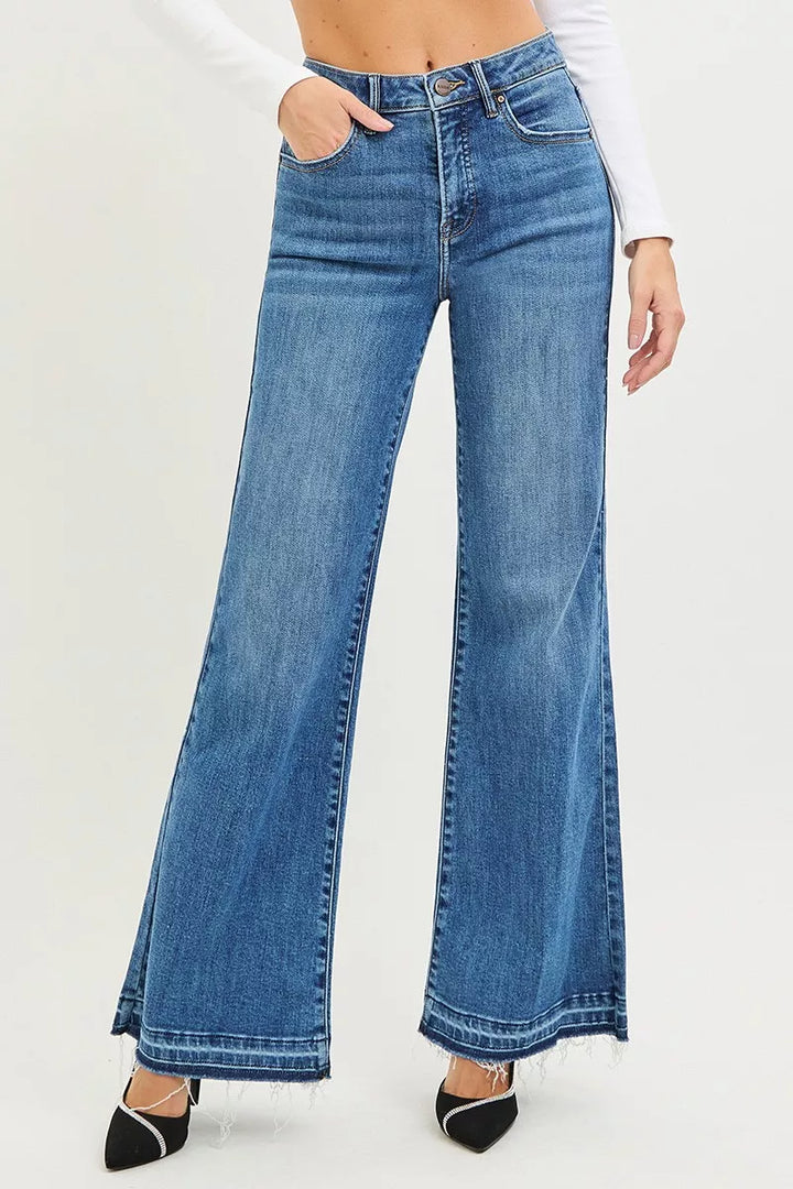 High-rise wide leg jeans with raw released hem
