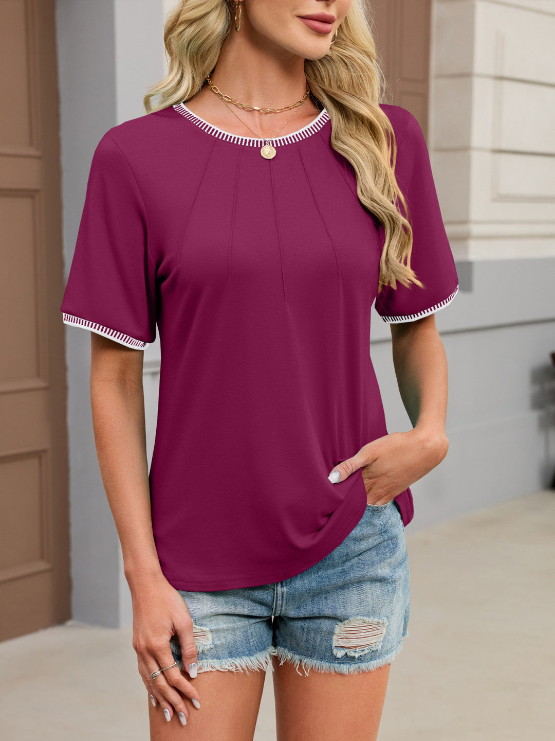 Contrast whipstitch trim short sleeve top with pintucks