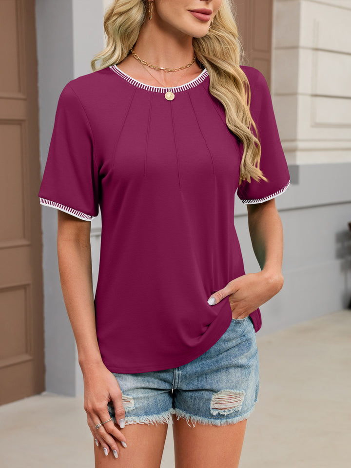 Contrast whipstitch trim short sleeve top with pintucks