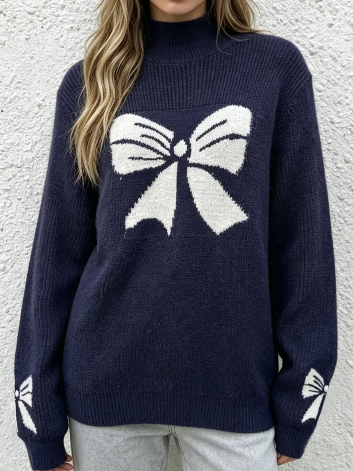 Bow intarsia mock neck knit sweater with drop shoulders