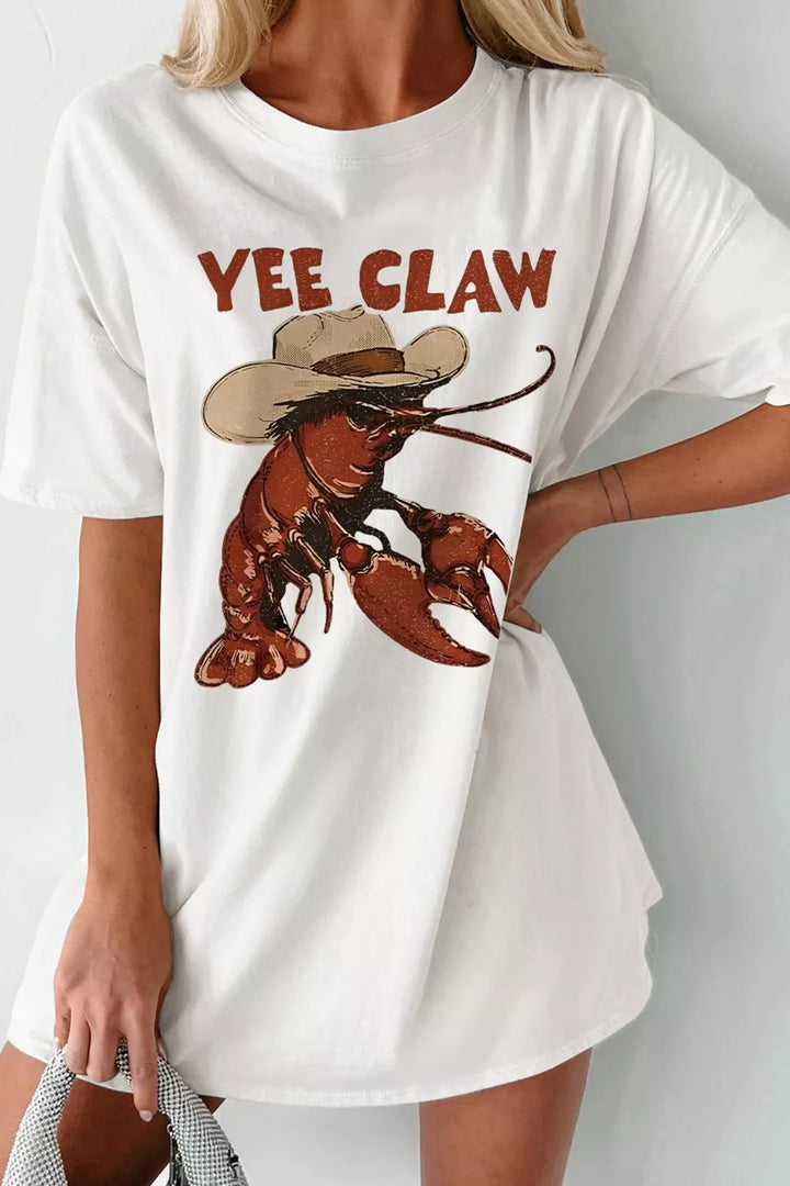 White Yee Claw crawfish cowboy graphic oversized crew neck tee