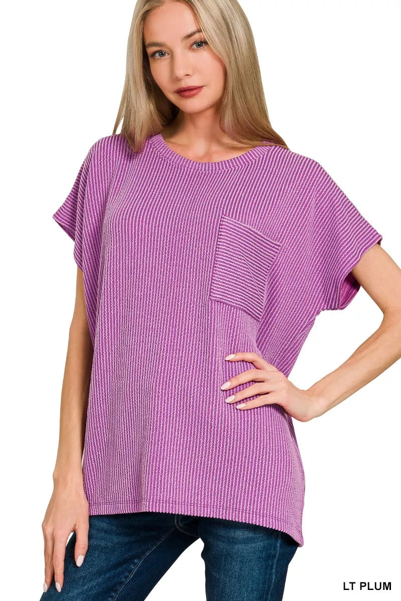 LT PLUM Raised rib boxy top with front patch pocket