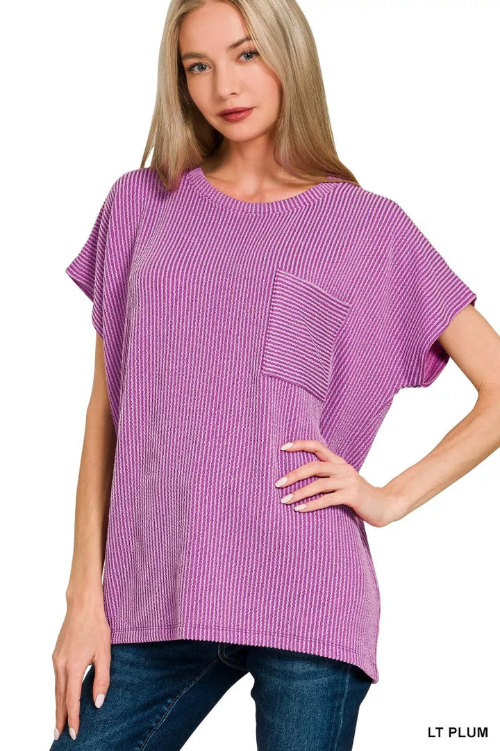 LT PLUM Raised rib boxy top with front patch pocket