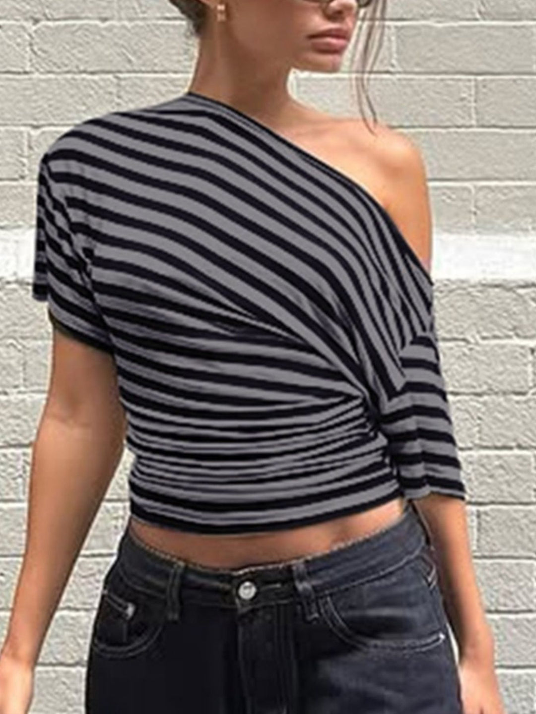 Dark Gray Striped one-shoulder crop top with twist front