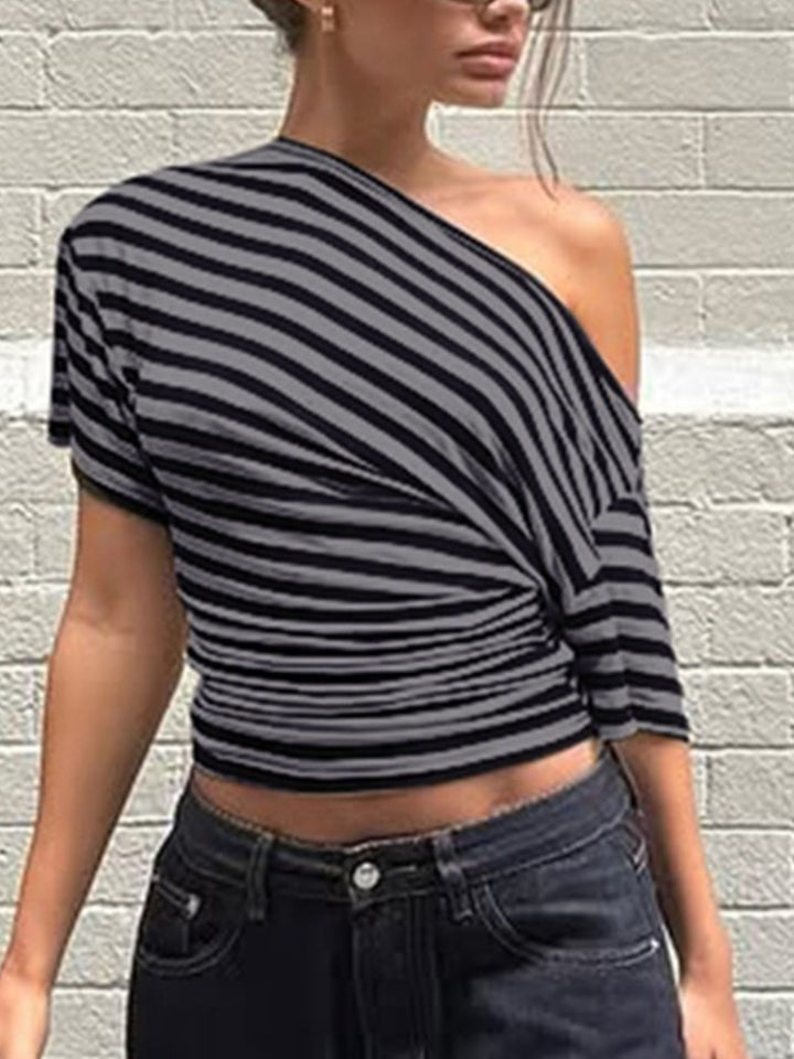 Dark Gray Striped one-shoulder crop top with twist front