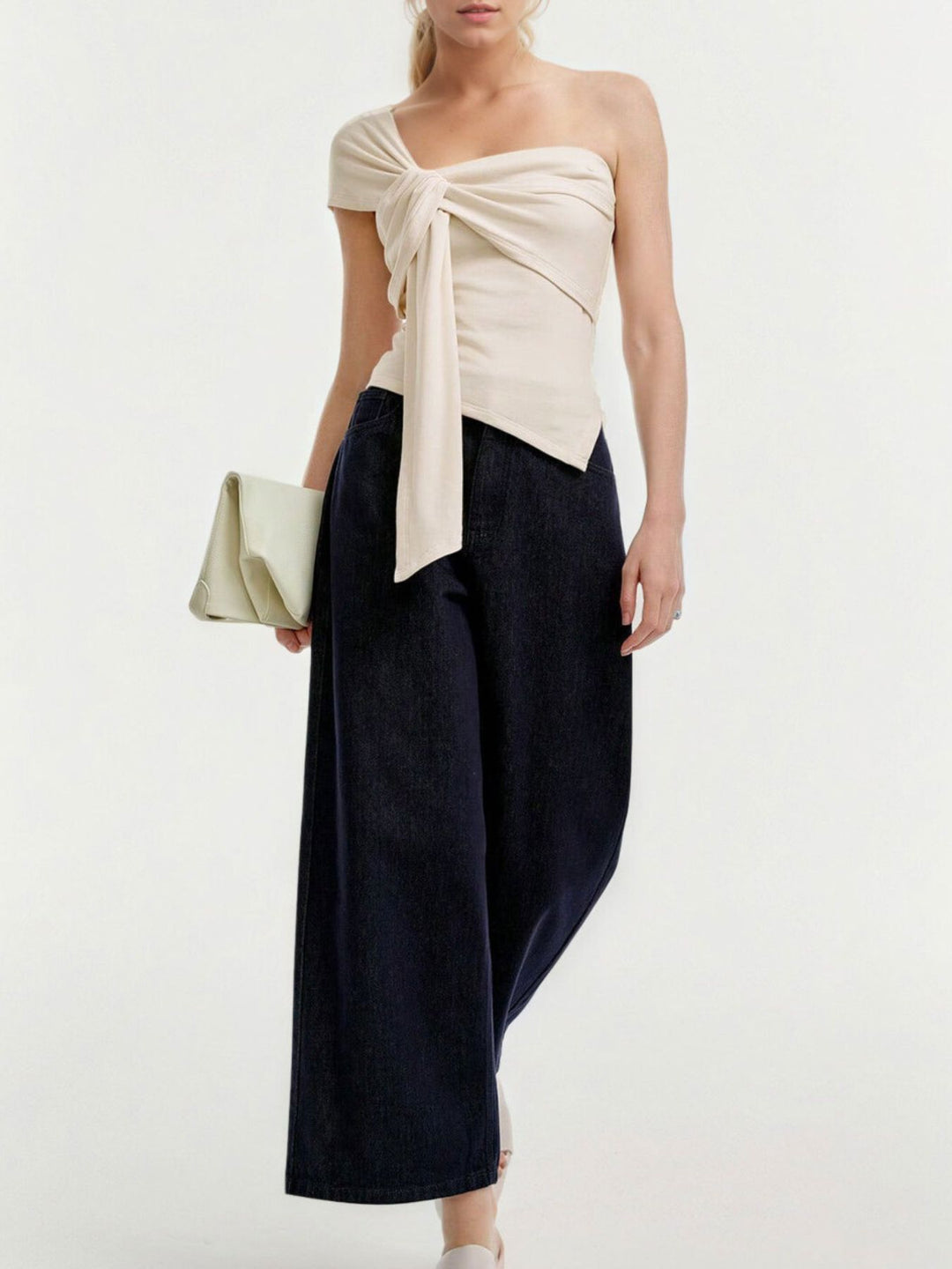 One-shoulder tie top with twist knot detail