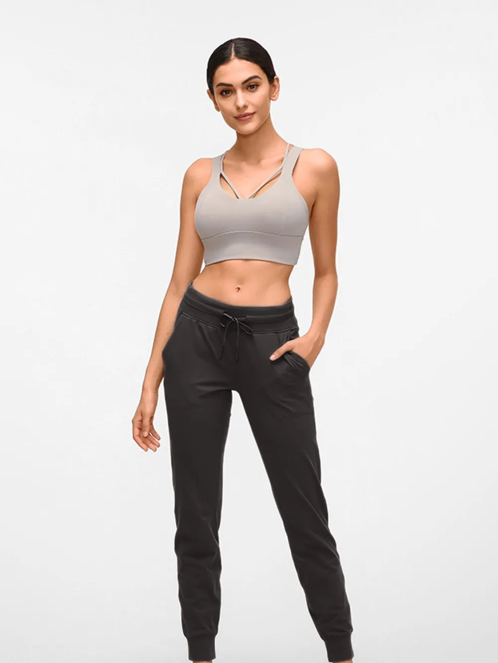 Tapered stretch nylon joggers with drawstring waist and pockets