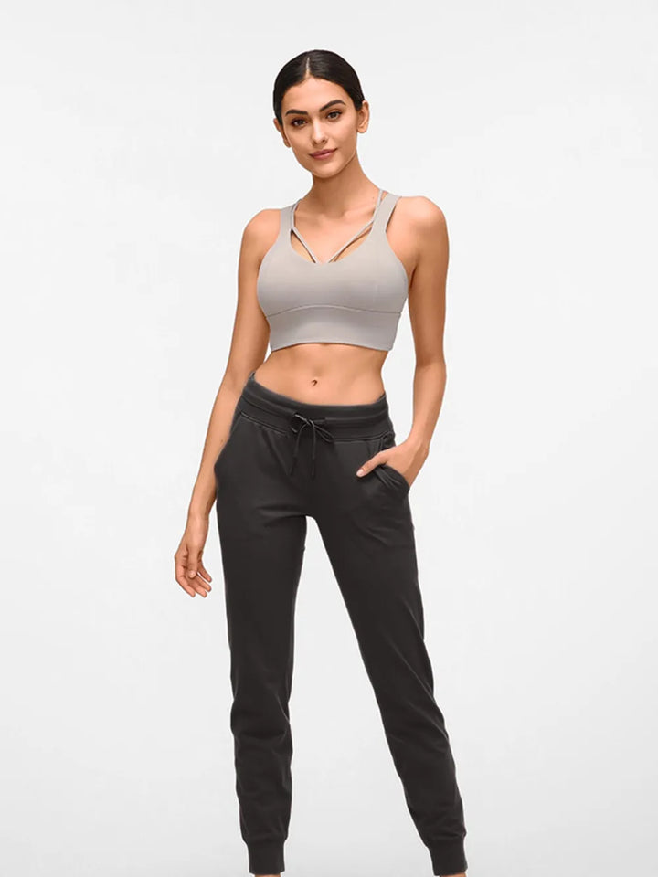 Tapered stretch nylon joggers with drawstring waist and pockets