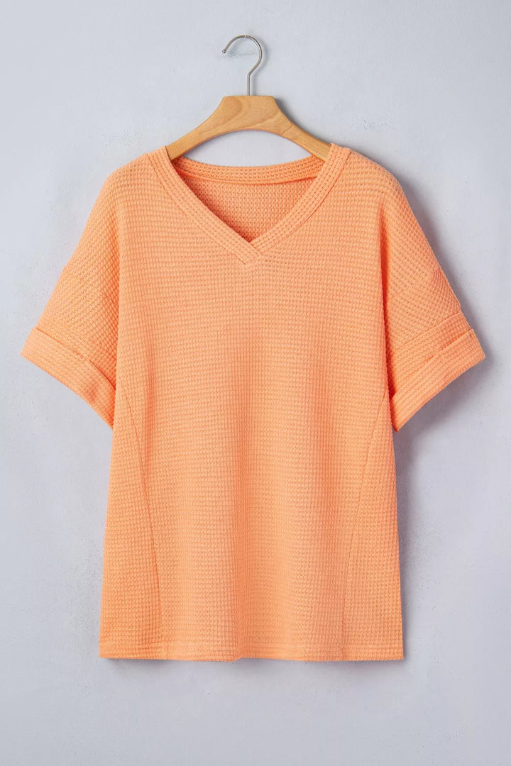Waffle knit V-neck tee with cuffed short sleeves