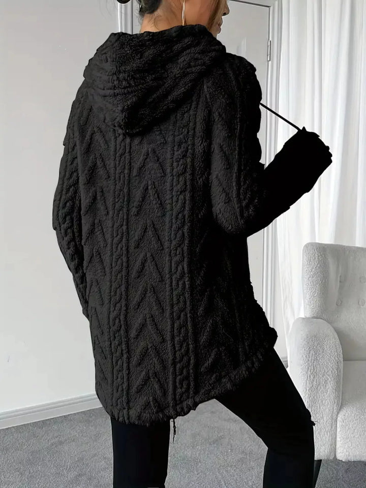 Textured cable-knit fleece pullover hoodie with drawstring