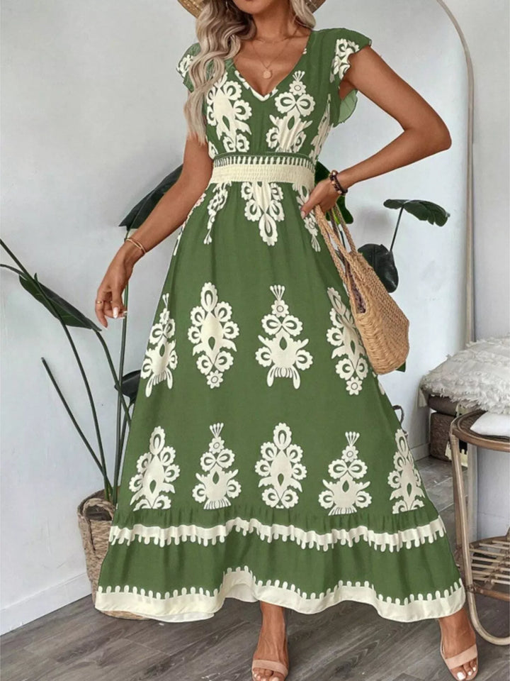 Green Ornate print v-neck maxi dress with flutter sleeves