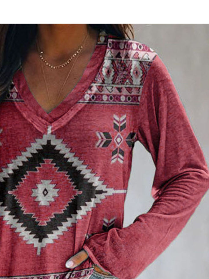 Aztec geometric print v-neck long sleeve top