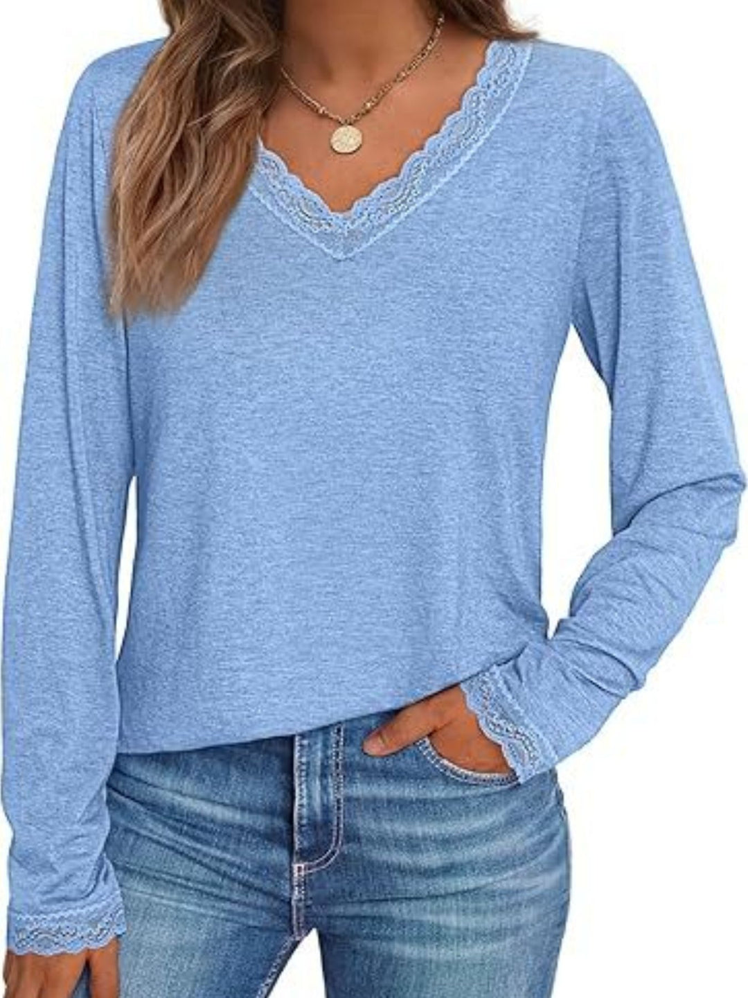 Light Blue Lace trim V-neck long sleeve top with lace cuffs