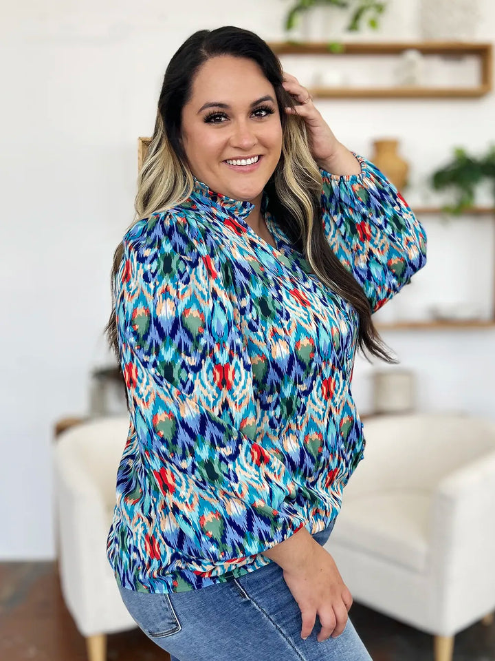 Abstract print balloon-sleeve button-down blouse
