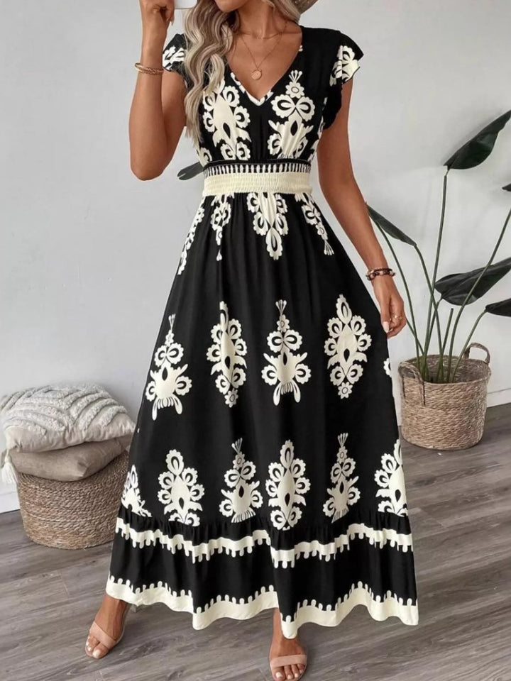Black Ornate print v-neck maxi dress with flutter sleeves