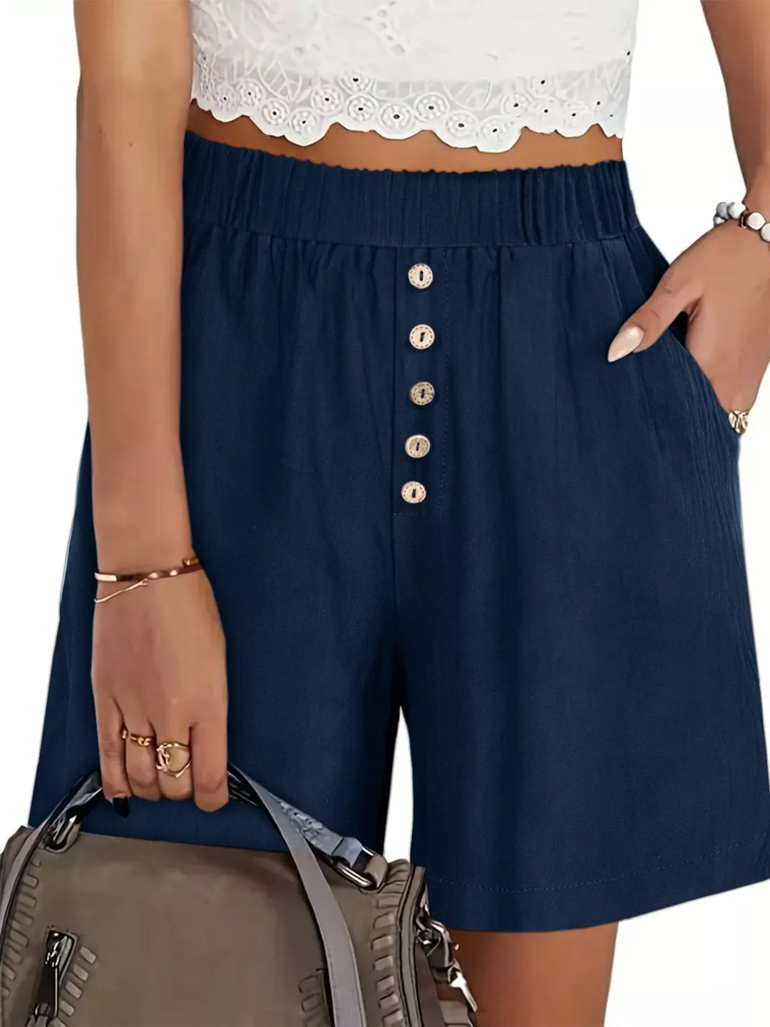 Dark Navy Plus-size elastic waist button-front shorts with pockets
