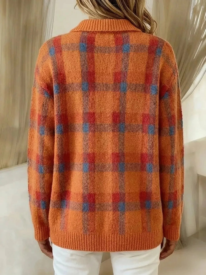 Plaid knit button-down shirt cardigan with collar