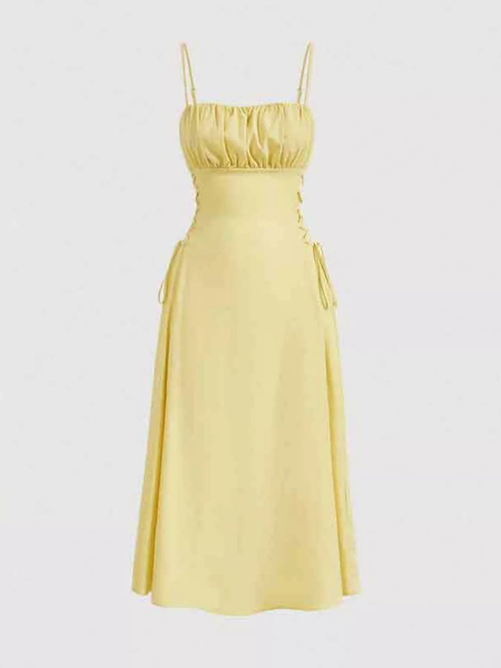 Lace-up side A-line midi dress with ruched bodice