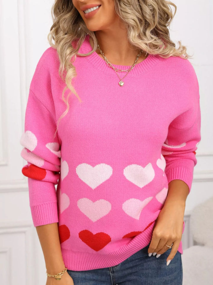 Heart pattern crew neck sweater with ribbed cuffs
