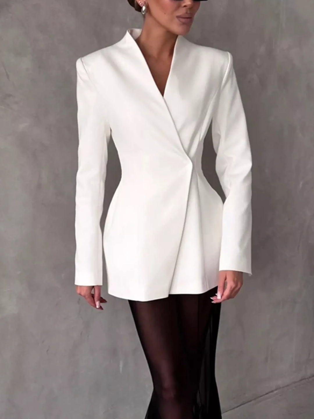 White Collarless wrap-front blazer with cinched pleated waist