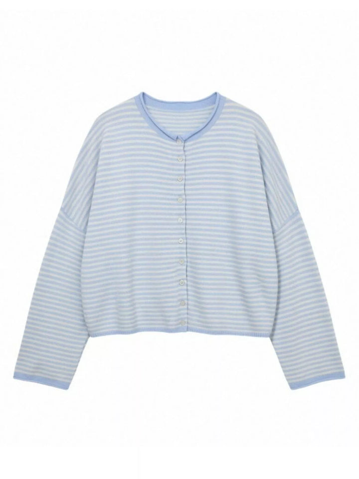 Striped button-front knit cardigan with drop shoulders