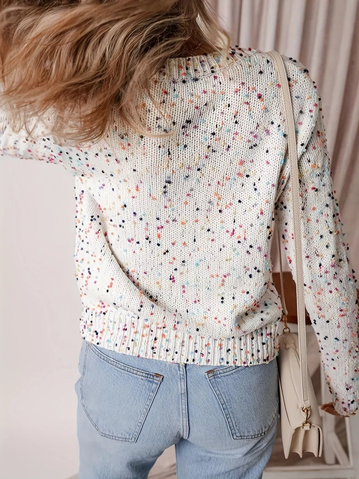 Speckled boucle knit button-front collared cardigan