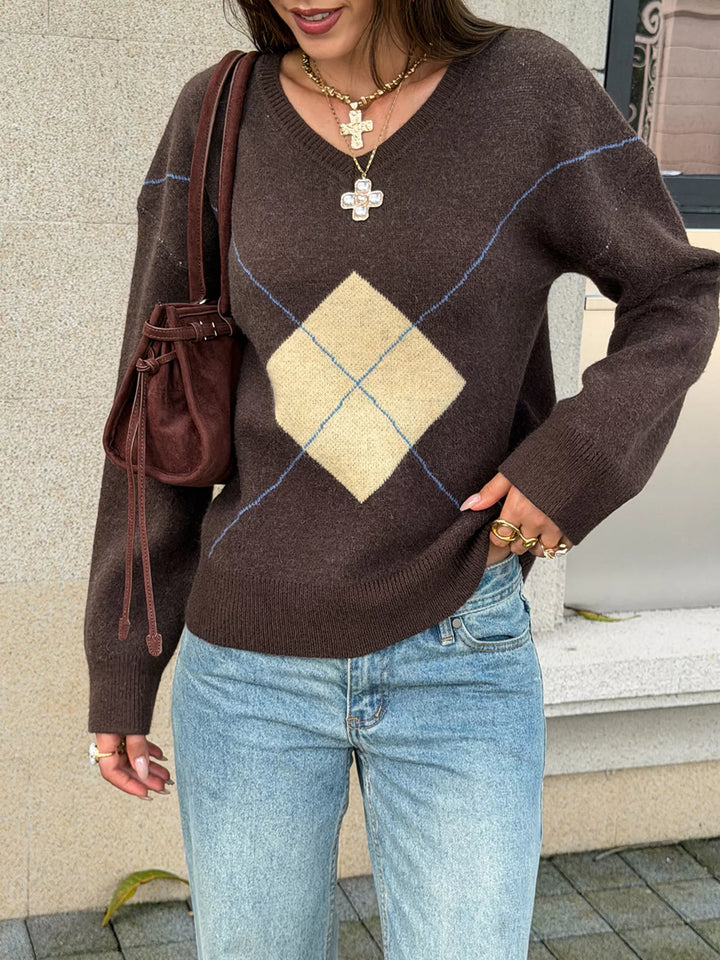 Argyle diamond V-neck knit pullover sweater
